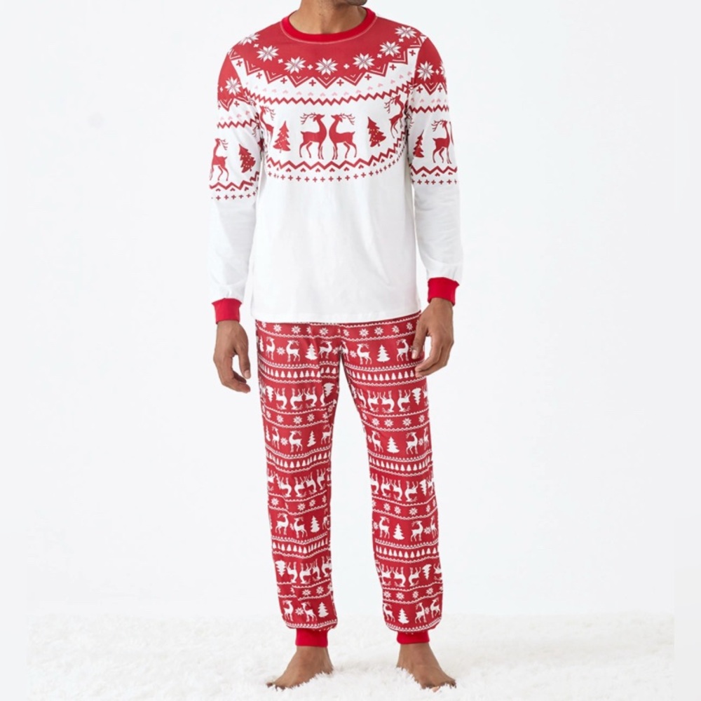 Patpat Men Reindeer and Snowflake Print Red and White Xmas Pajamas Set